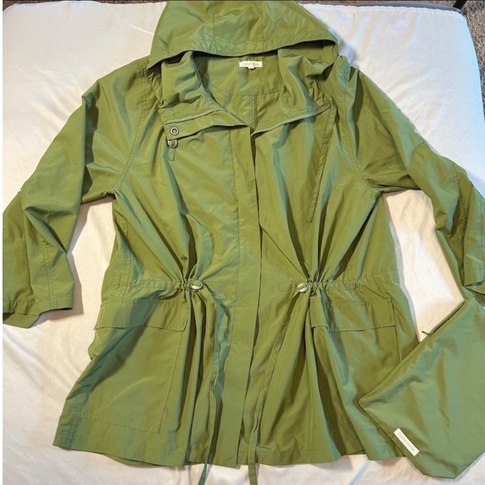 Eileen Fisher Womens XL Packable Hooded Rain Anorak Jacket with Pouch Green